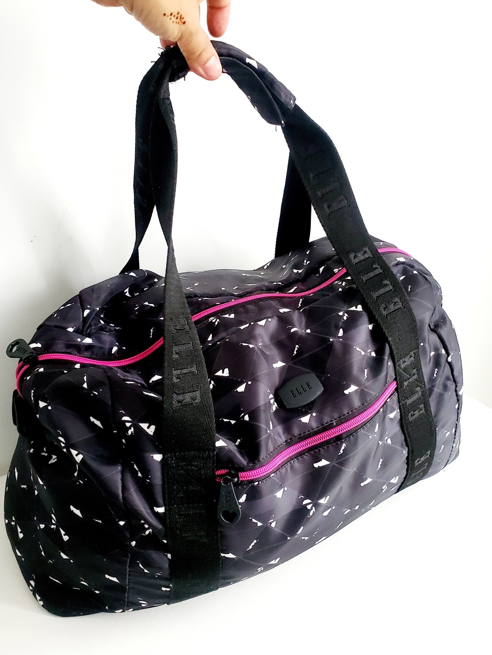 ELLE Black Patterned Duffel Bag with Pink Zippers